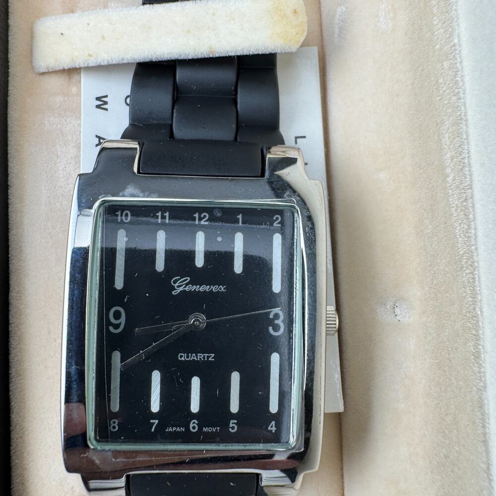 Genevex Watch, Black Dial, Rubber Link Band, Quartz, Box